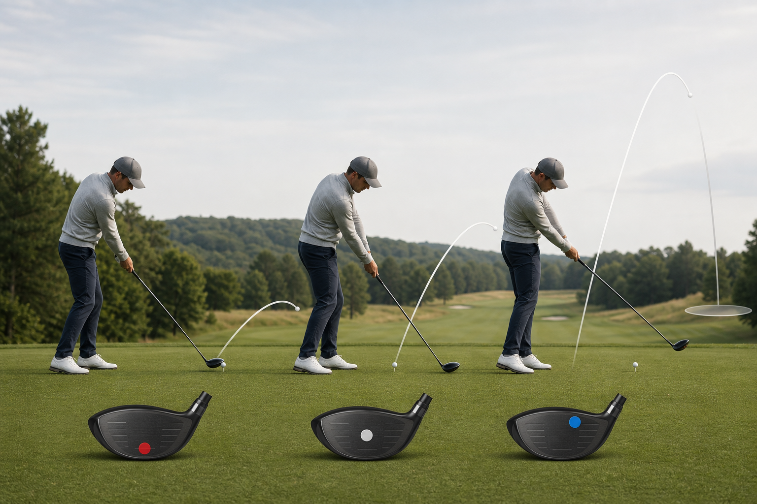 An educational illustration showing three generic driver shots with different launch heights and strike locations.