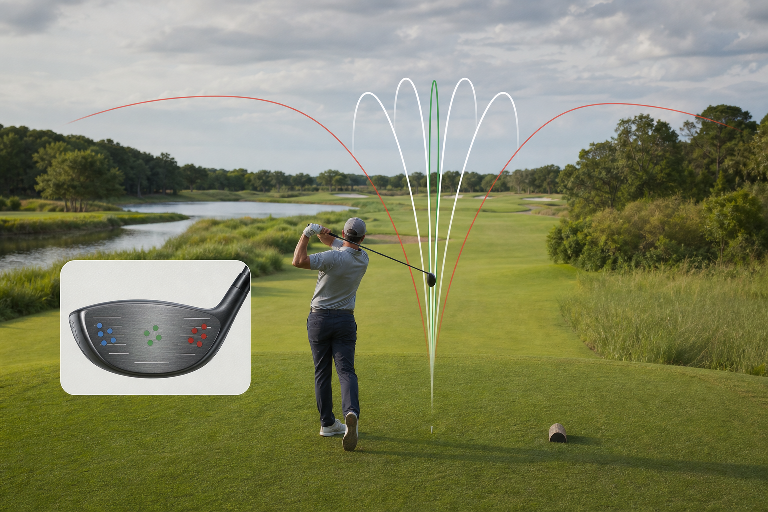 Editorial illustration showing driver face strike locations and different playable ball-flight patterns toward a fairway.
