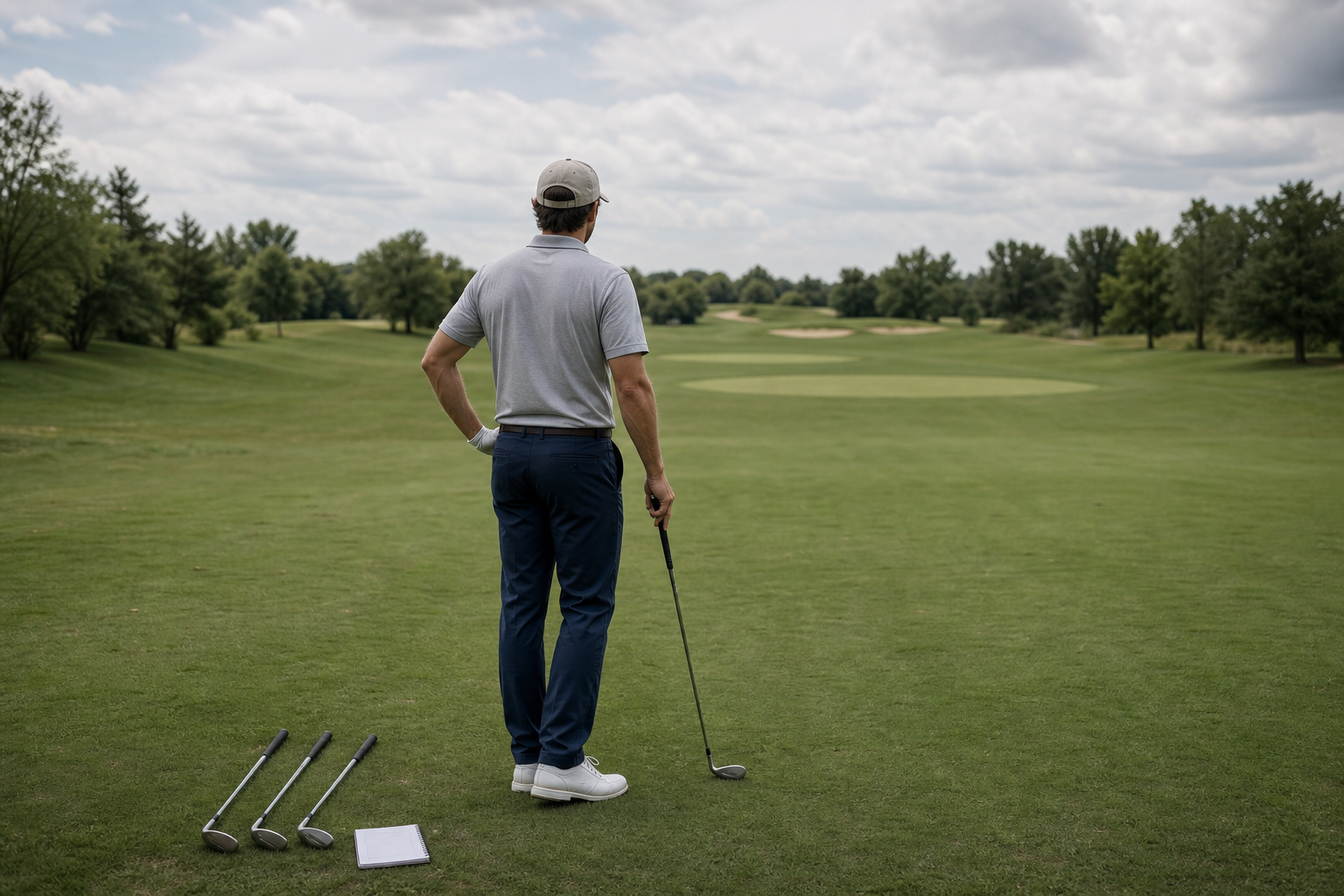 An unbranded golfer maps three wedge shots to different landing areas on a practice fairway.