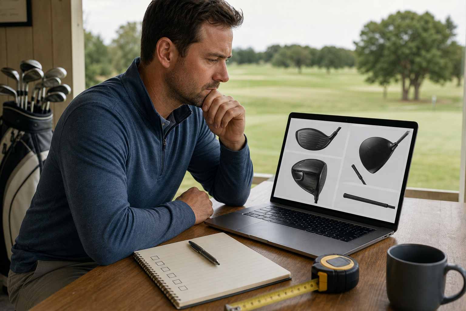 Golfer comparing detailed photos of an unbranded used driver listing against a checklist.