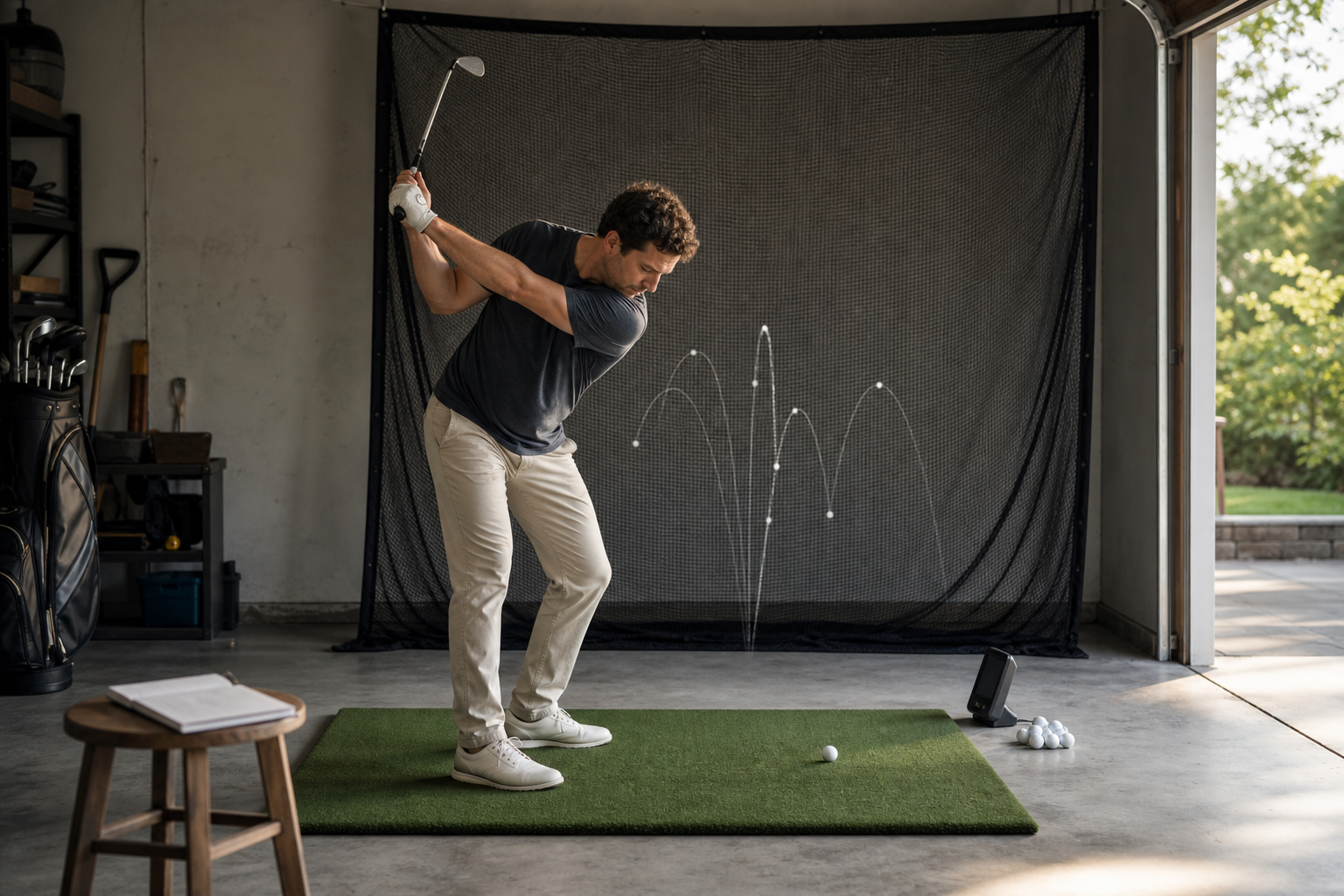 A golfer practices in a compact home bay while recording a small set of repeatable shot results.