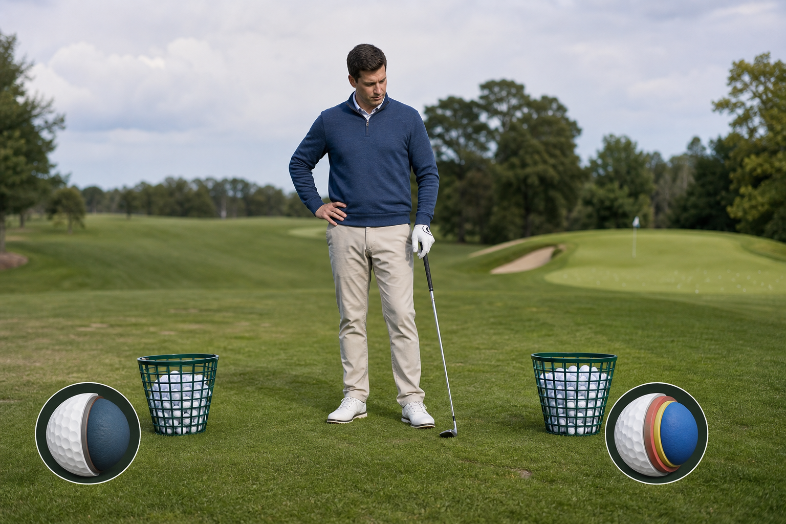 A golfer compares plain golf balls with two-layer and three-layer cutaway diagrams beside a practice green.