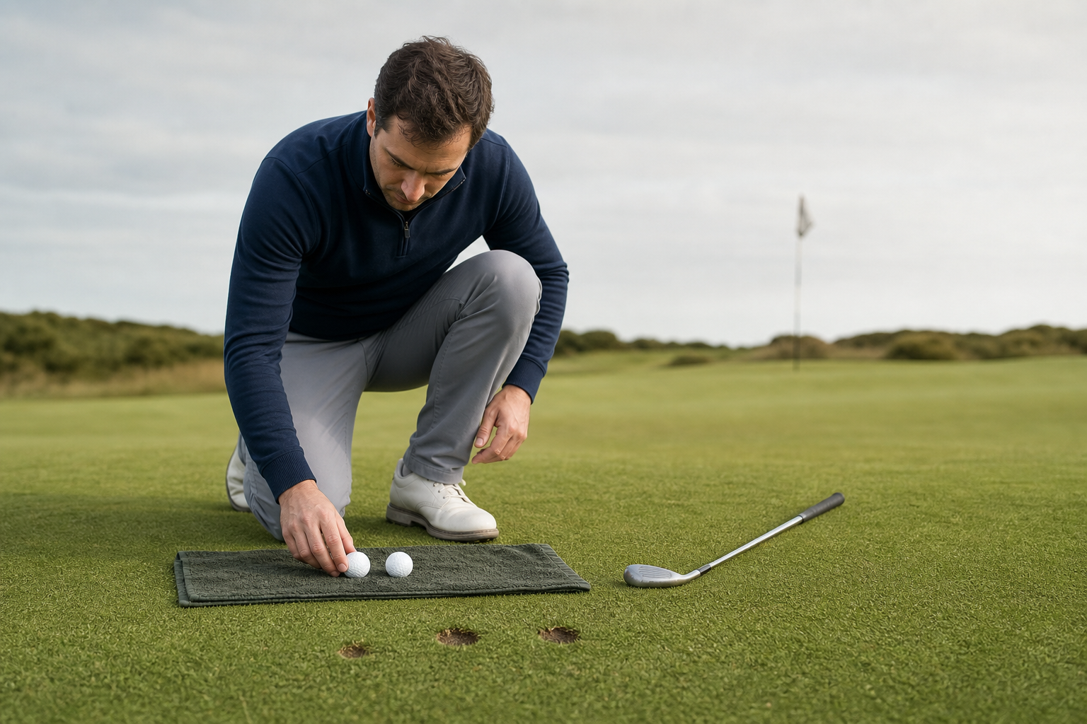 A golfer compares two plain balls during a greenside practice session.