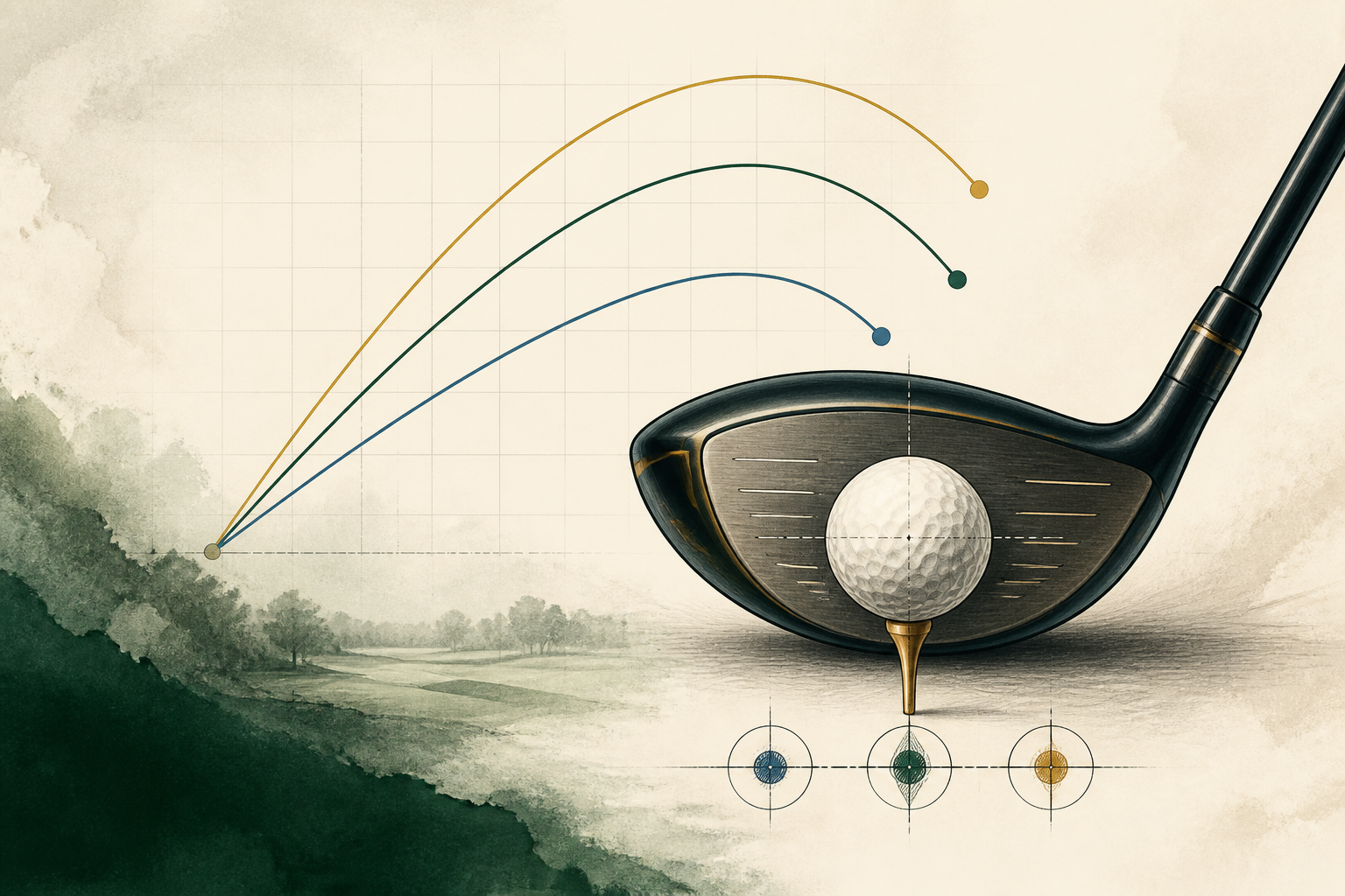 Editorial diagram of a driver, golf ball, and three launch-flight arcs