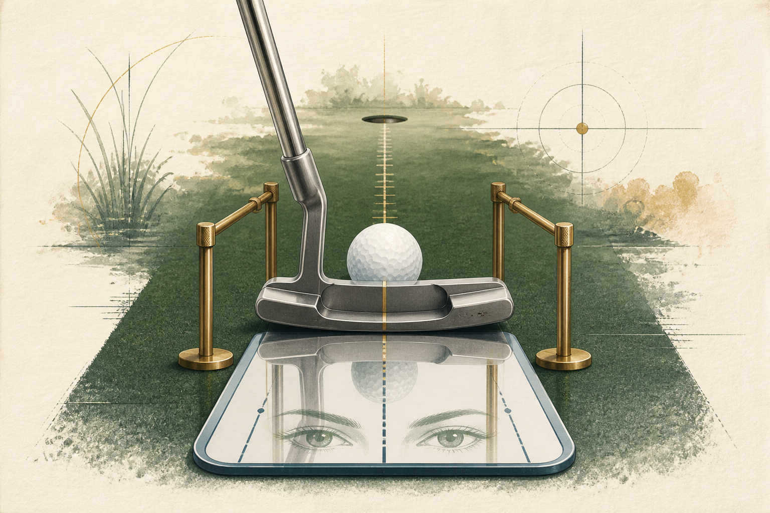 Putter, alignment gate, and putting mirror arranged for focused practice