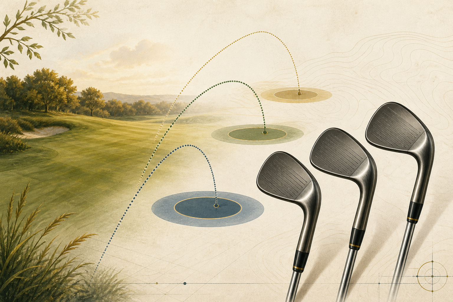 Three wedges illustrated with different trajectories and landing zones